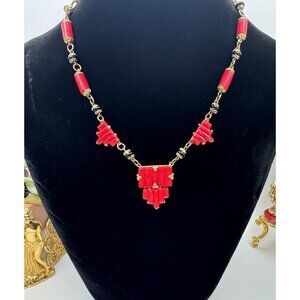 Antique 1920s Signed Czech Red Glass And Cast Brass Necklace Gorgeous